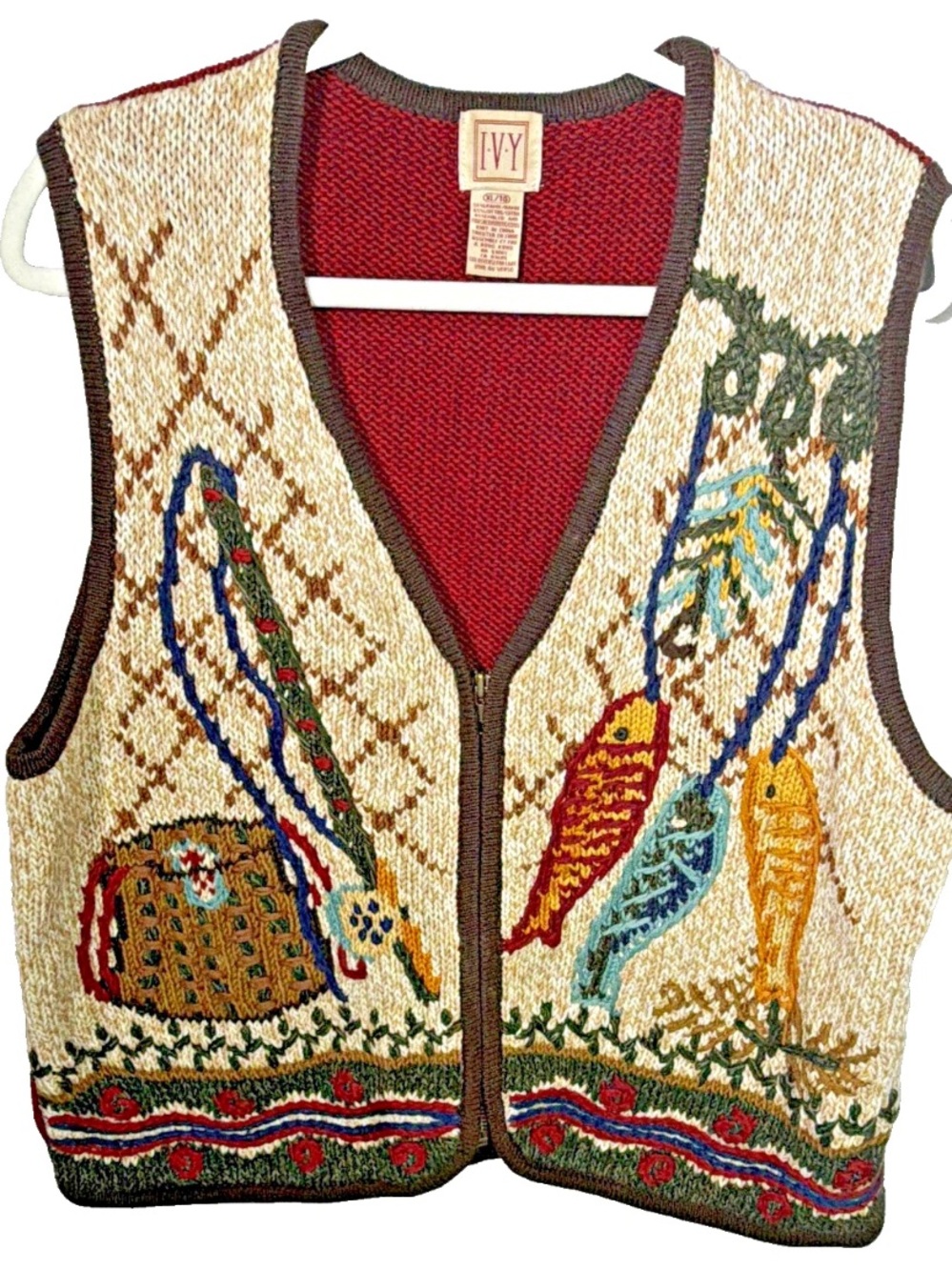 Vtg I.V.Y Women's XL Knit Sweater Vest V-Neck Sleeveless Embroidered Fish Zipper